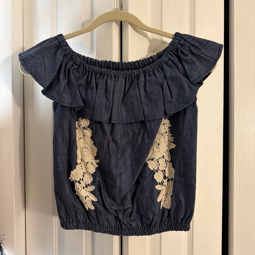 Top Chic Denim Off-the-Shoulder Blouse with Cream Lace Insets - Blue